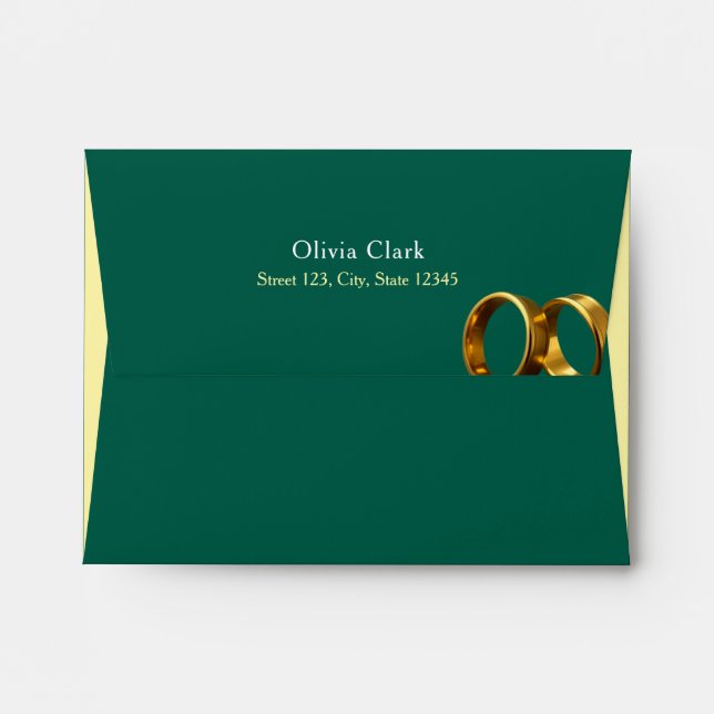 Chic Emerald Green Gold Rings Wedding Envelope (Back (Top Flap))