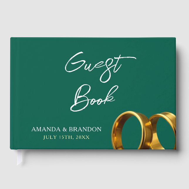 Chic Emerald Green Gold Rings Wedding Foil Guest Book (Front)
