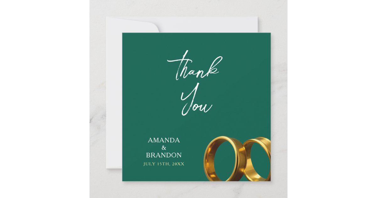 Chic Emerald Green Gold Rings Wedding Thank You Card | Zazzle