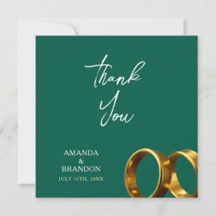 Chic Emerald Green Gold Rings Wedding Thank You Card