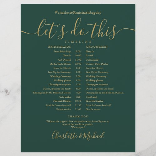 Chic Emerald Green Gold Wedding Schedule Timeline