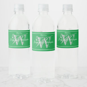 Chic Emerald Green Monogram Names Cute Wedding  Water Bottle Label