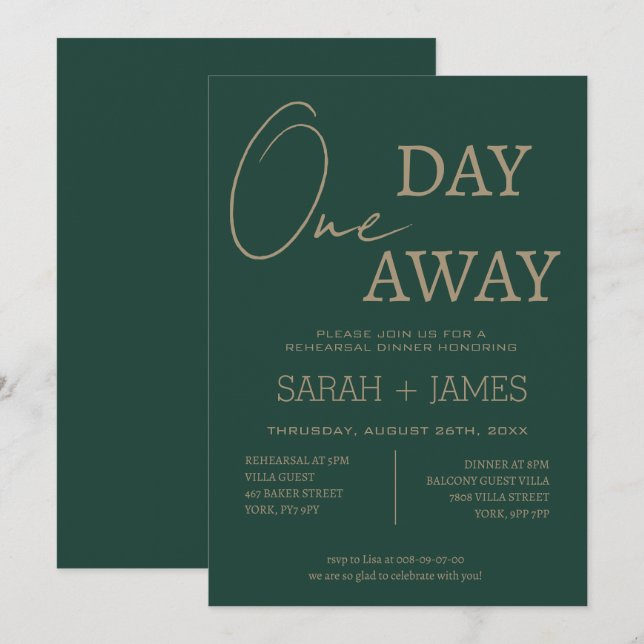 Chic Emerald Green One Day Away Rehearsal Dinner  Invitation (Front/Back)
