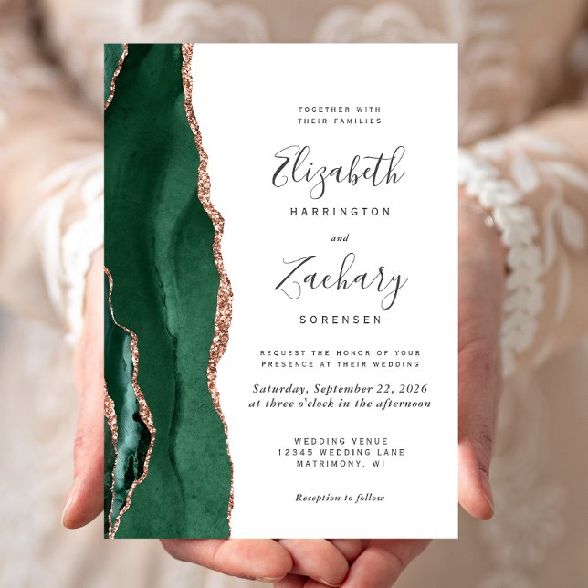 Chic Emerald Green Rose Gold Agate Wedding Invitation (Creator Uploaded)