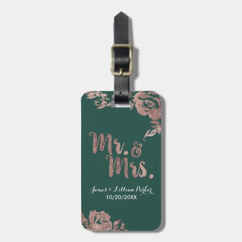 Chic Emerald Green Rose Gold Floral Mr and Mrs Luggage Tag