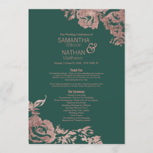 Chic Emerald Green Rose Gold Floral Wedding Program