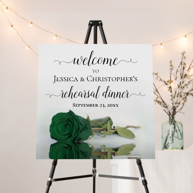 Chic Emerald Green Rose Rehearsal Dinner Welcome Foam Board (In Situ (Stand))