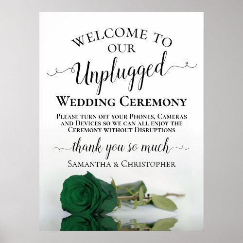 Chic Emerald Green Rose Unplugged Wedding Ceremony Poster