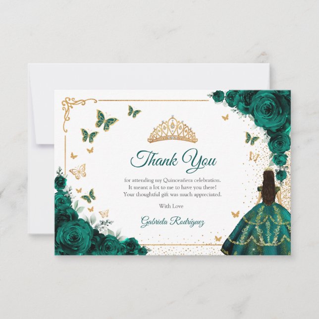 Chic Emerald Green Roses Gold Quinceanera Thank You Card (Front)
