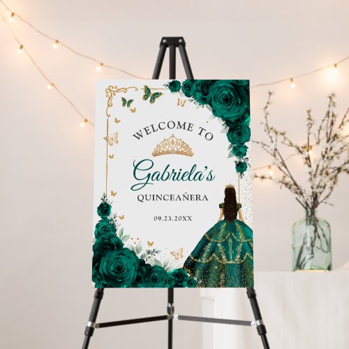 Chic Emerald Green Roses Gold Quinceanera Welcome