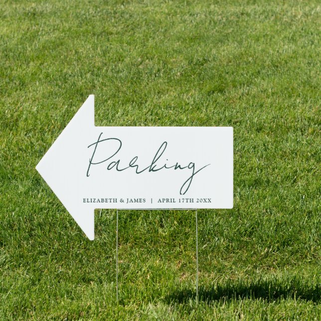 Chic Emerald Green Script Wedding Parking This Way Sign (Insitu)