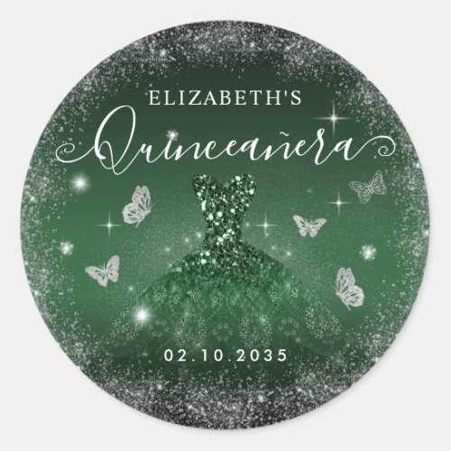 Chic Emerald Green Silver Glitter Gown Quinceaera Classic Round Sticker