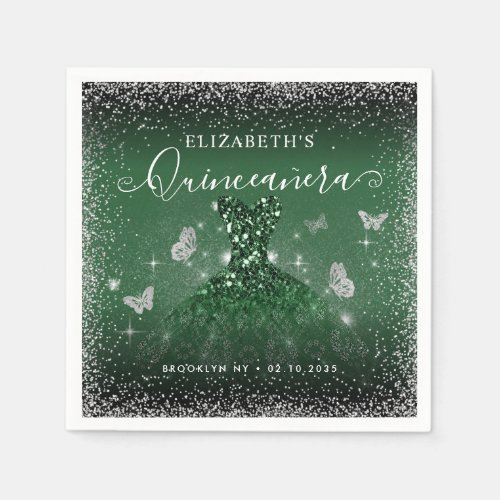 Chic Emerald Green Silver Glitter Gown Quinceaera Napkins