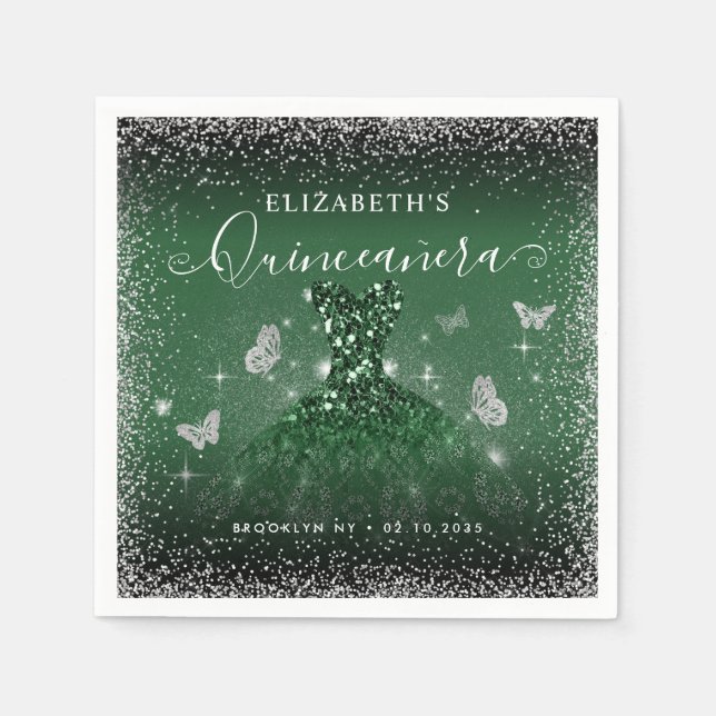 Chic Emerald Green Silver Glitter Gown Quinceañera Napkins (Front)