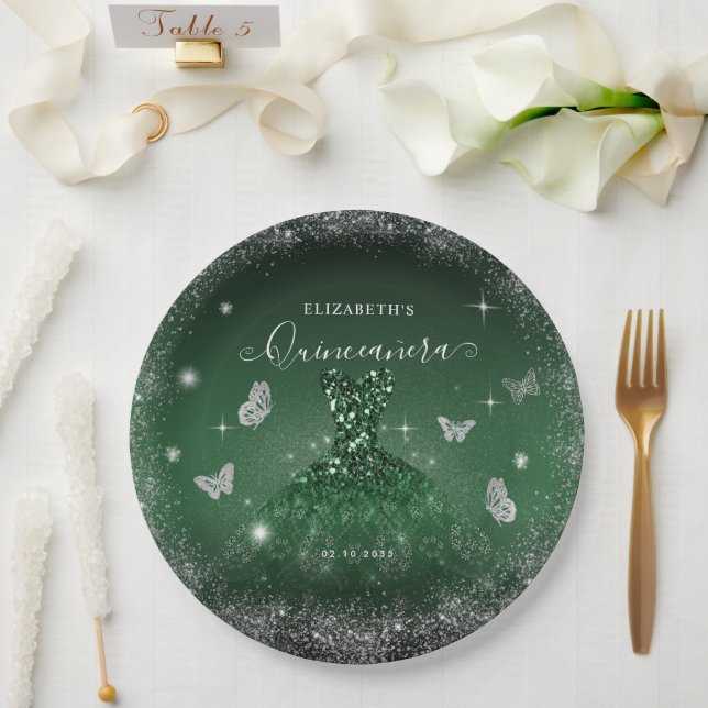 Chic Emerald Green Silver Glitter Gown Quinceañera Paper Plates (Wedding)