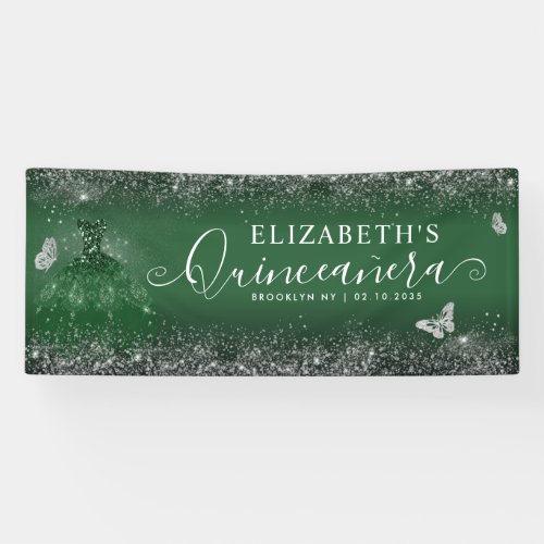 Chic Emerald Green Silver Gown Quinceaera Welcome Banner