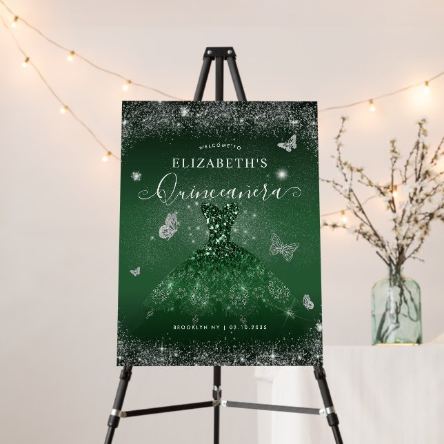 Chic Emerald Green Silver Gown Quinceañera Welcome Foam Board (In Situ (Stand))