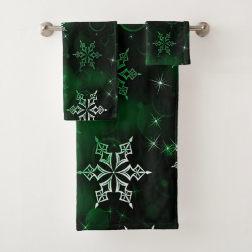 Chic Emerald Green Snowflake Motif Bath Towel Set
