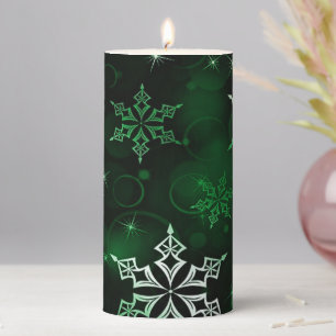 Chic Emerald Green Snowflake Motif Pillar Candle