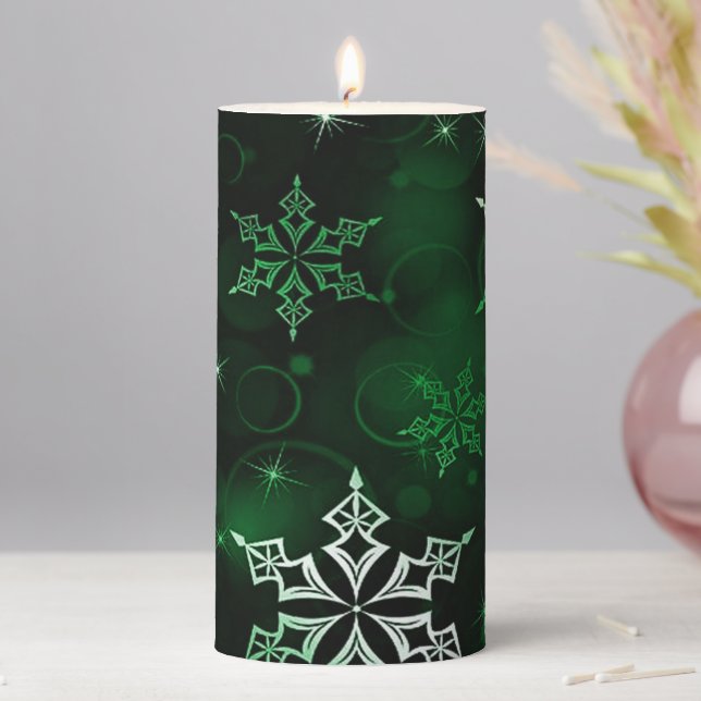 Chic Emerald Green Snowflake Motif Pillar Candle (In Situ)