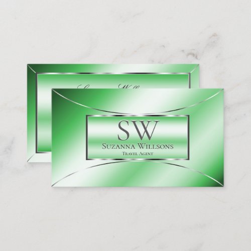 Chic Emerald Green with Silver Decor and Monogram Business Card