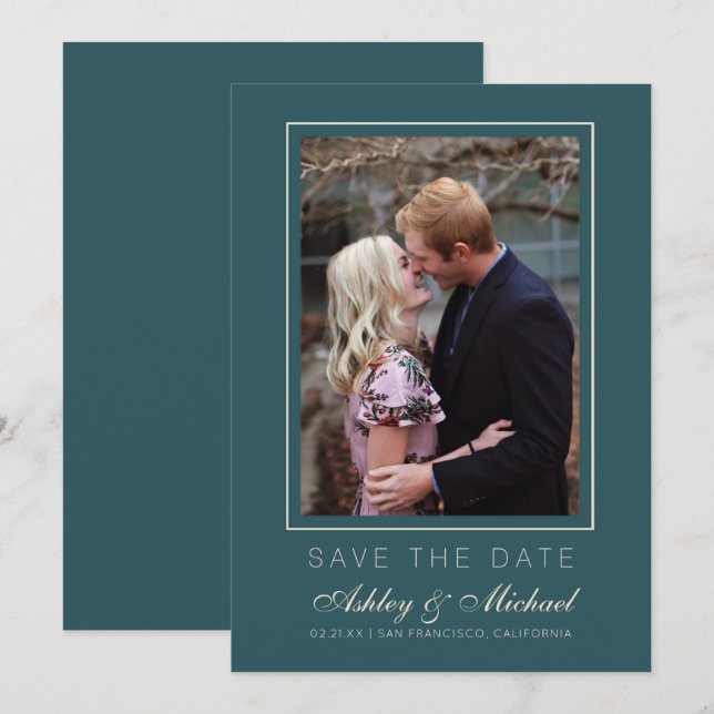 Chic Emerald Ivory Photo Wedding Save The Date Invitation (Front/Back)