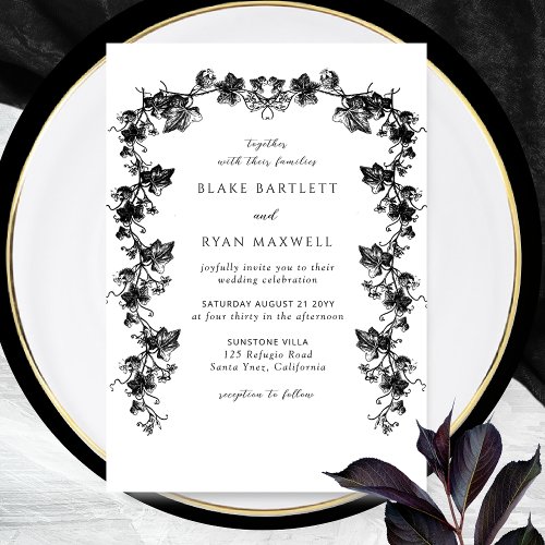 Chic Enchanting Black Botanical Garlands Wedding Invitation