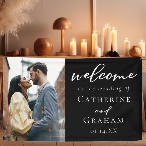 Chic Engagement Couple Photo Black Wedding Welcome Banner