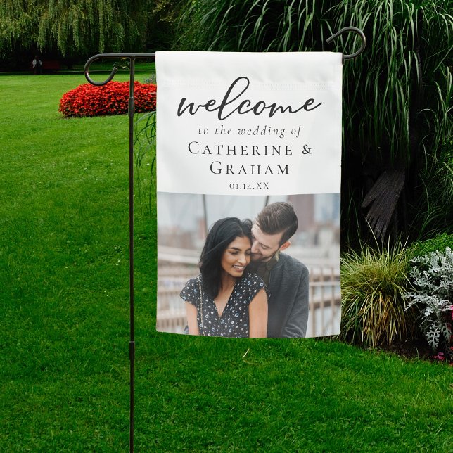 Chic Engagement Couple Photo Wedding Welcome Garden Flag (Creator Uploaded)
