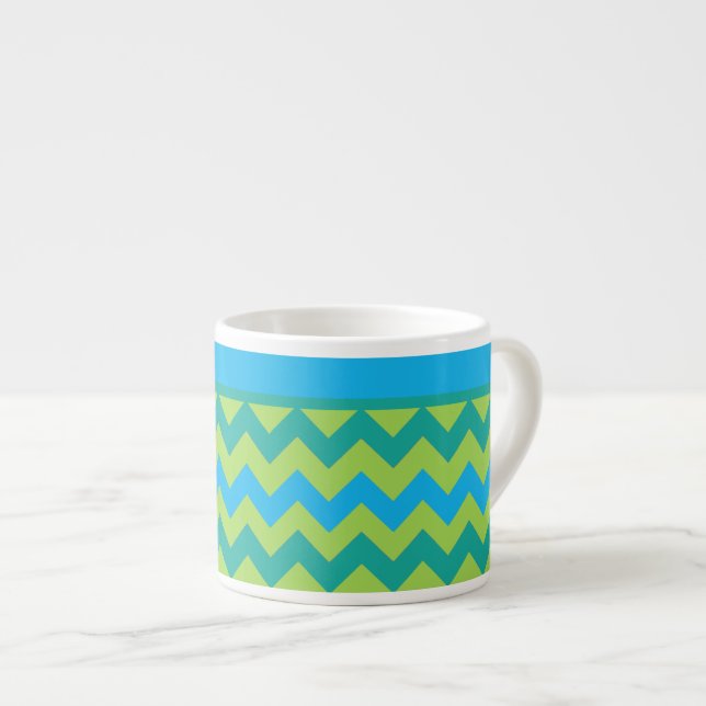 Chic Espresso Mug, Turquoise and Green Chevrons Cup (Front Right)