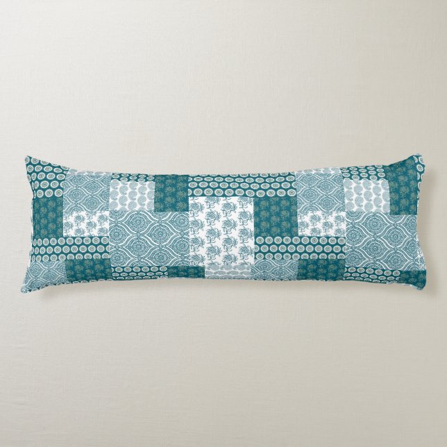 Chic Ethnic Faux Patchwork Pattern, Teal and White Body Pillow (Front)