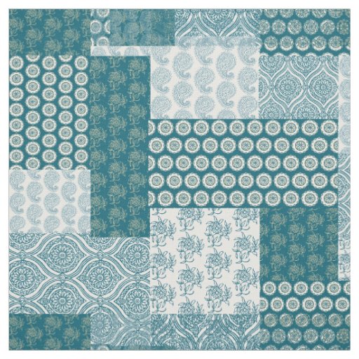 Chic Ethnic Faux Patchwork Pattern, Teal and White Fabric