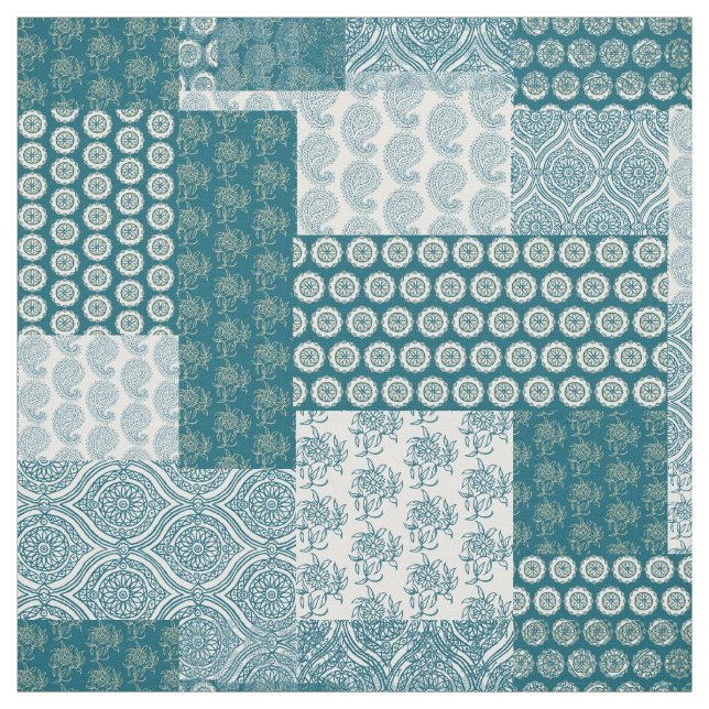 Chic Ethnic Faux Patchwork Pattern, Teal and White Fabric (Swatch)