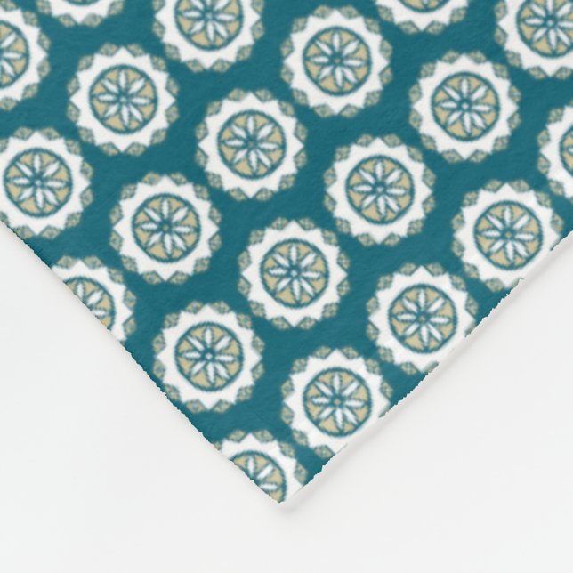 Chic Ethnic Faux Patchwork Pattern, Teal and White Fleece Blanket (Corner)