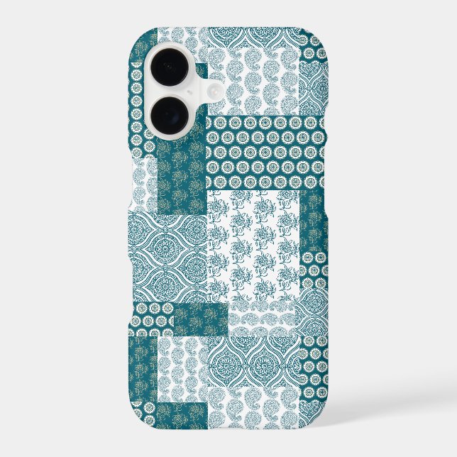 Chic Ethnic Faux Patchwork Pattern, Teal and White Iphone Case (Back)