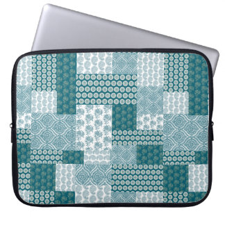 Chic Ethnic Faux Patchwork Pattern, Teal and White Laptop Sleeve