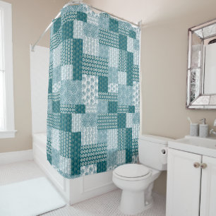 Chic Ethnic Faux Patchwork Pattern, Teal and White Shower Curtain
