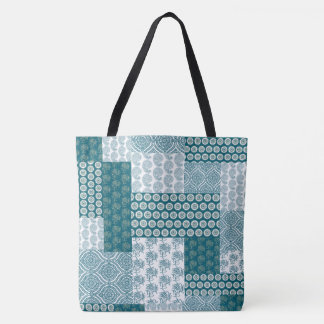 Chic Ethnic Faux Patchwork Pattern, Teal and White Tote Bag