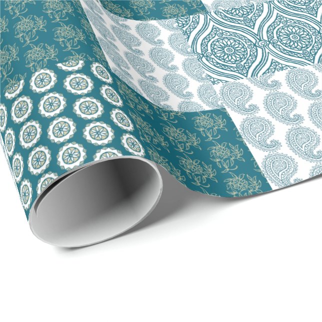 Chic Ethnic Faux Patchwork Pattern, Teal and White Wrapping Paper (Roll Corner)