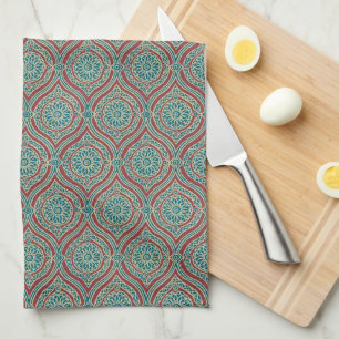 Chic Ethnic Ogee Pattern in Maroon, Teal and Beige Kitchen Towel
