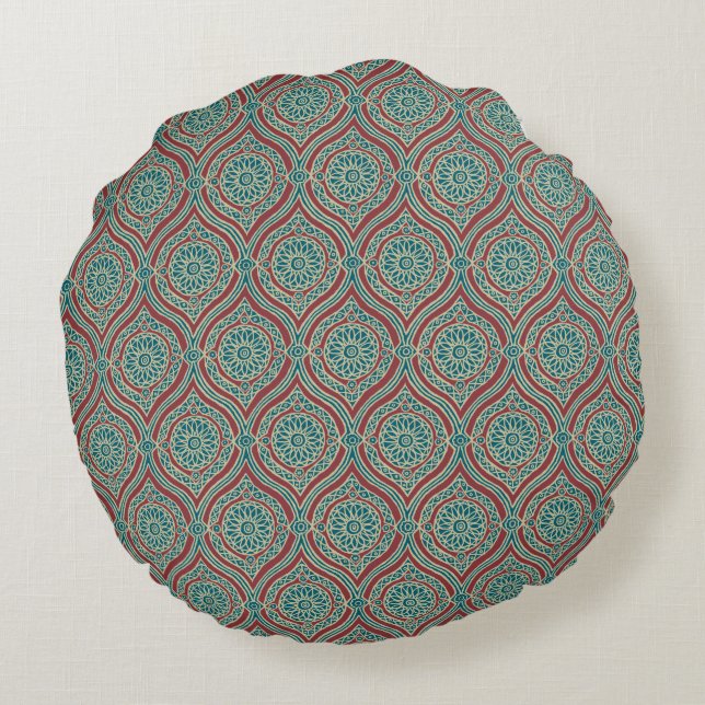 Chic Ethnic Ogee Pattern in Maroon, Teal and Beige Round Pillow (Back)