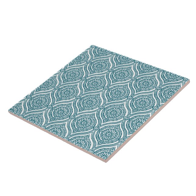 Chic Ethnic Ogee Pattern in Teal on White Ceramic Tile (Side)