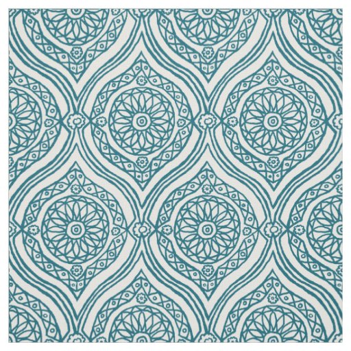 Chic Ethnic Ogee Pattern in Teal on White Fabric