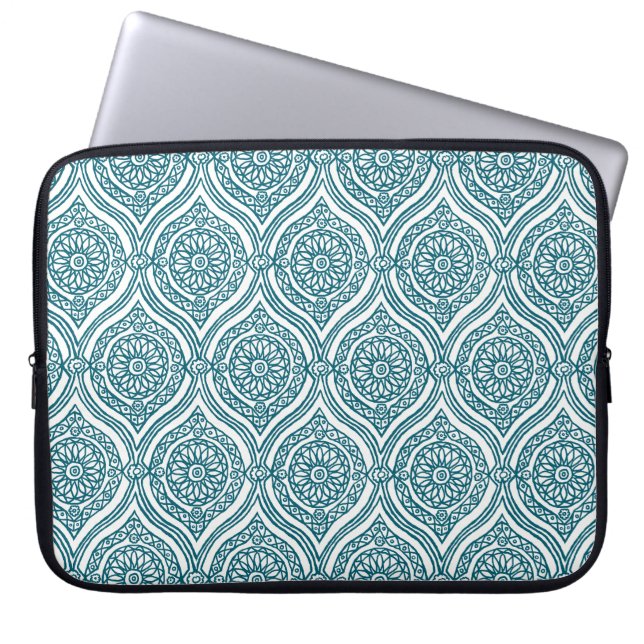 Chic Ethnic Ogee Pattern in Teal on White Laptop Sleeve (Front)