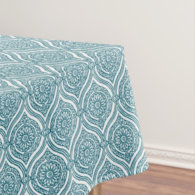 Chic Ethnic Ogee Pattern in Teal on White Tablecloth (In Situ)