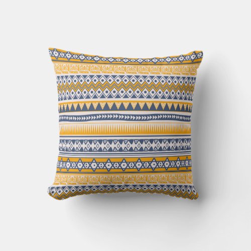 Chic Ethnic Tribal Pattern Saffron Navy Blue Throw Pillow