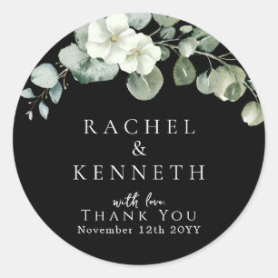 Chic Eucalyptus Black & White Minimalist Wedding Classic Round Sticker