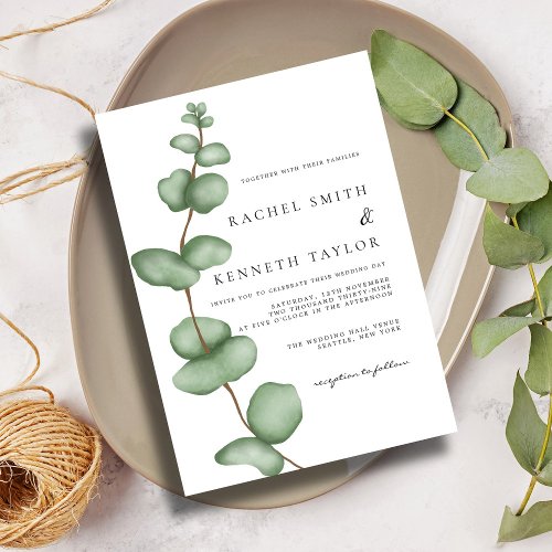 Chic Eucalyptus Black  White Minimalist Wedding Invitation