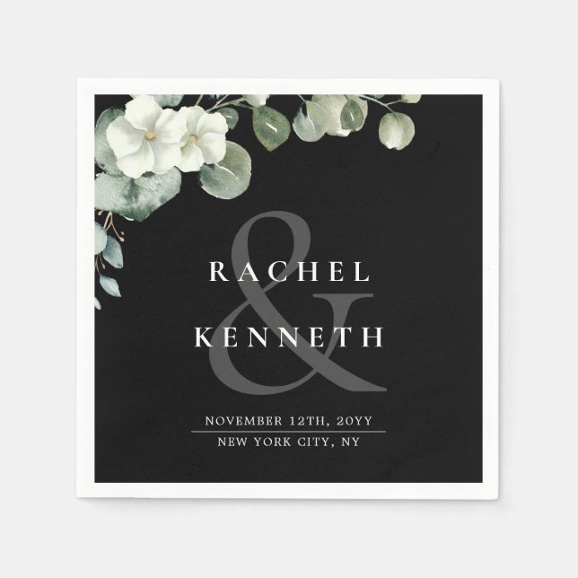 Chic Eucalyptus Black & White Minimalist Wedding Napkins (Front)