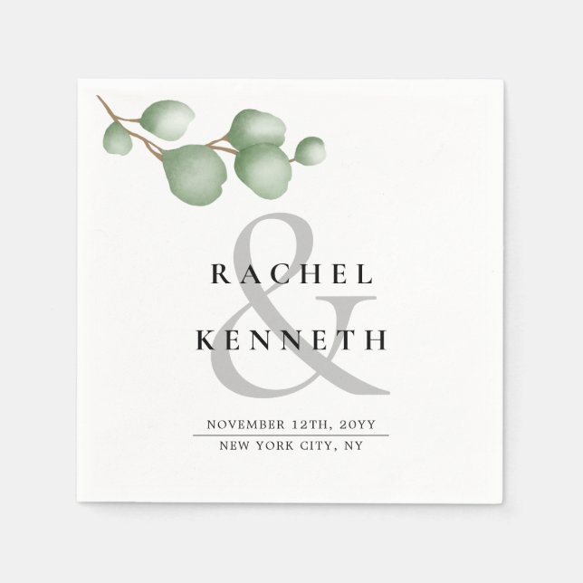 Chic Eucalyptus Black & White Minimalist Wedding Napkins (Front)